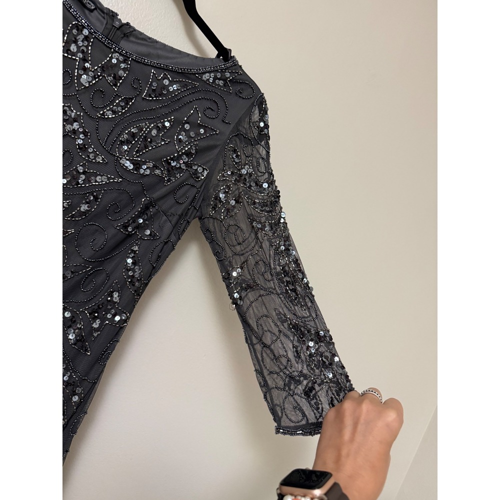 Pisarro Nights Gray Beaded Sequin Gown 3/4 Sleeve Formal Maxi Dress - Picture 4 of 14